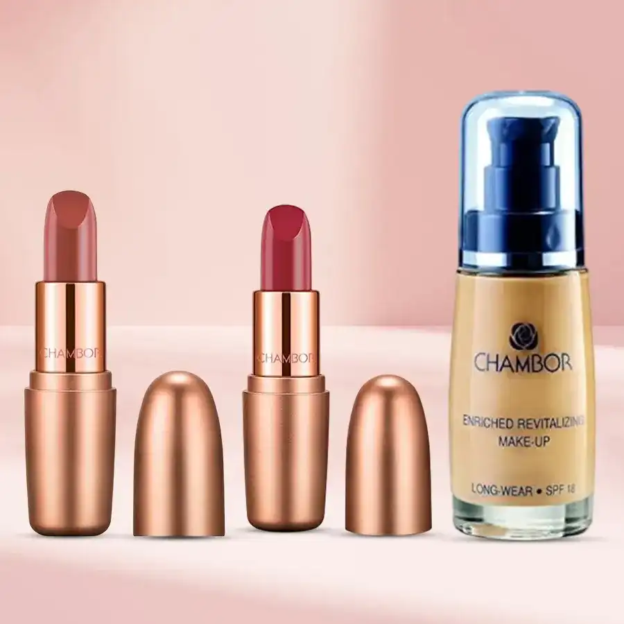 Luxe Chambor Lipstick & Makeup Set featuring revitalizing makeup and two matte lipsticks in Nutty Caramel and Dusty Rose.