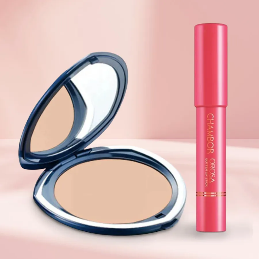 Exclusive Chambor Lipstick Set featuring Silver Shadow Compact and Orosa Butter Lipstick in Pink Mint. Perfect gift for beauty lovers.