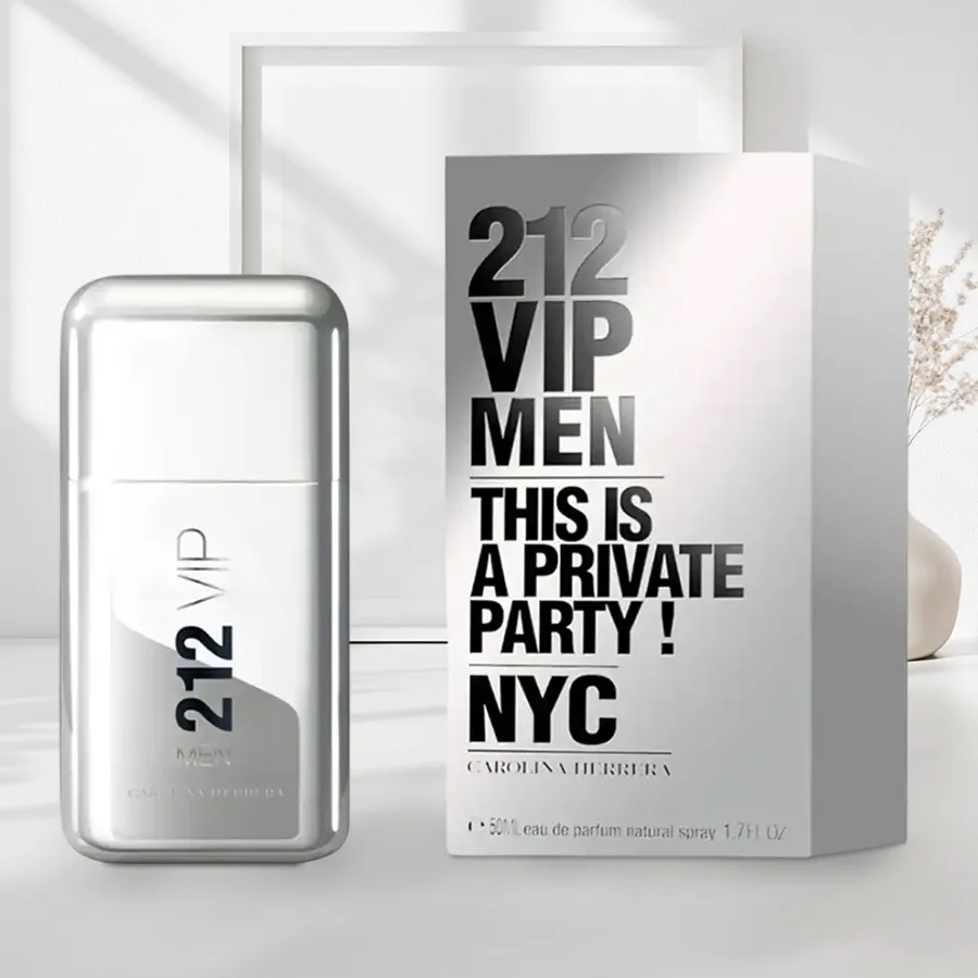 Carolina Herrera 212 VIP Eau de Toilette for men, 50 ml, featuring a blend of gustative, woody, and spicy notes.