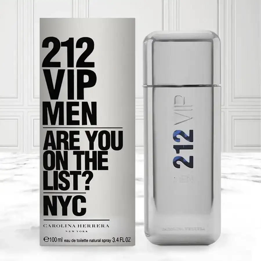 Carolina Herrera 212 VIP Men Eau de Toilette 100 ml gift with woody fragrance notes of Passion Fruit, Ginger, and Vodka.