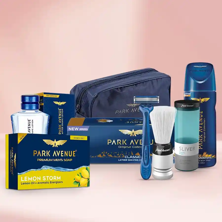 Exclusive Park Avenue Mens Essential Kit featuring grooming essentials for men, including shaving cream, soap, deodorant, and more.