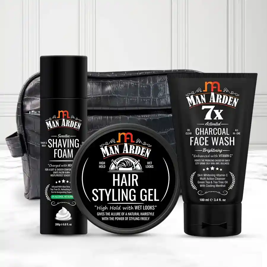 Ultimate Men's Grooming Essentials Kit featuring shaving foam, hair gel, charcoal face wash, and pouch by Man Arden.