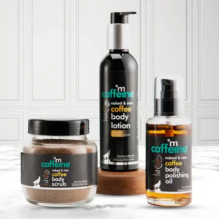 Glowing Look mCaffeine Coffee Body Toning N Polishing Kit featuring body oil, scrub, and lotion for radiant skin care.