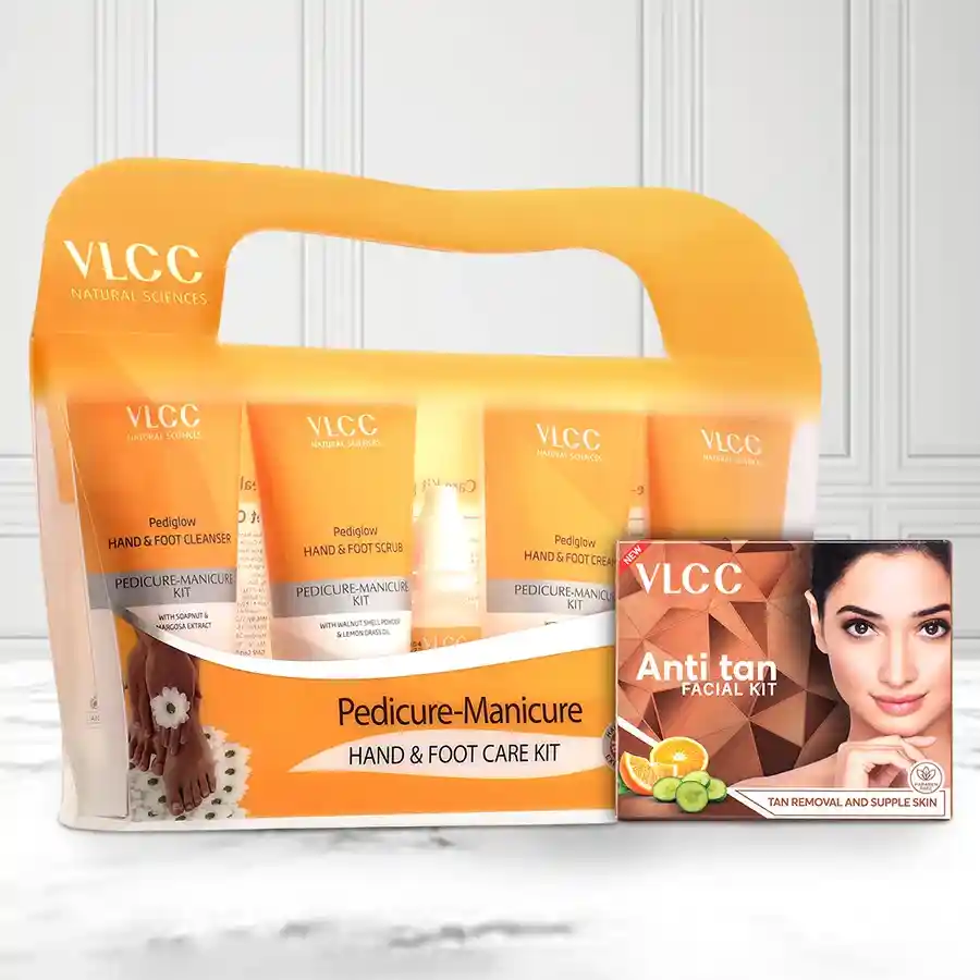 VLCC Pampering Pedicure and Manicure Kit with Anti Tan Facial Kit, ideal for all skin types and perfect for gifting.