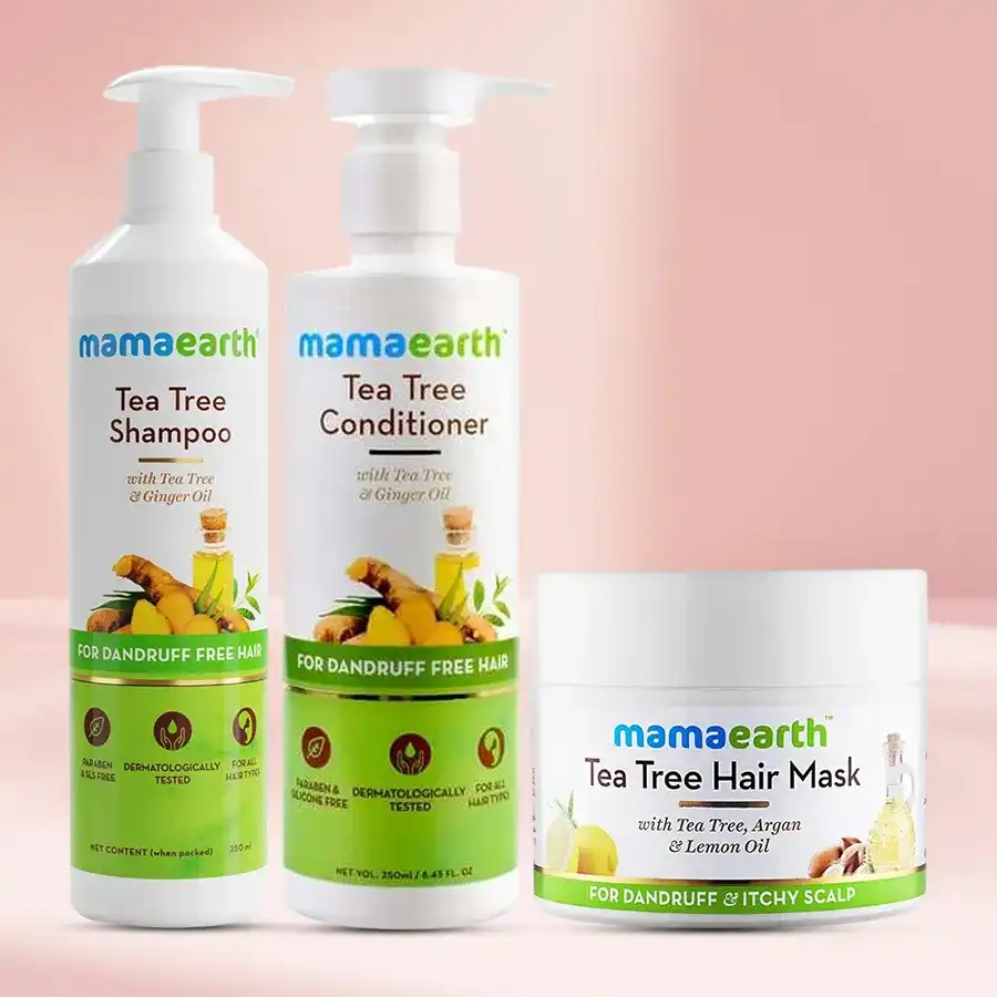 Mamaearth Tea Tree Anti Hair Freez Spa Kit with shampoo, conditioner, and hair mask for healthy, nourished hair.