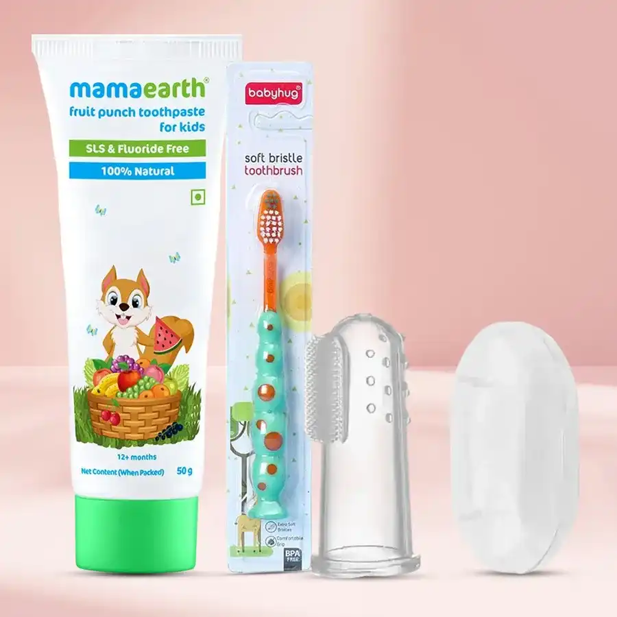 Soft Touch Babies Tooth Care Combo by Mamaearth featuring toothpaste, toothbrush, and finger brush for baby dental hygiene.