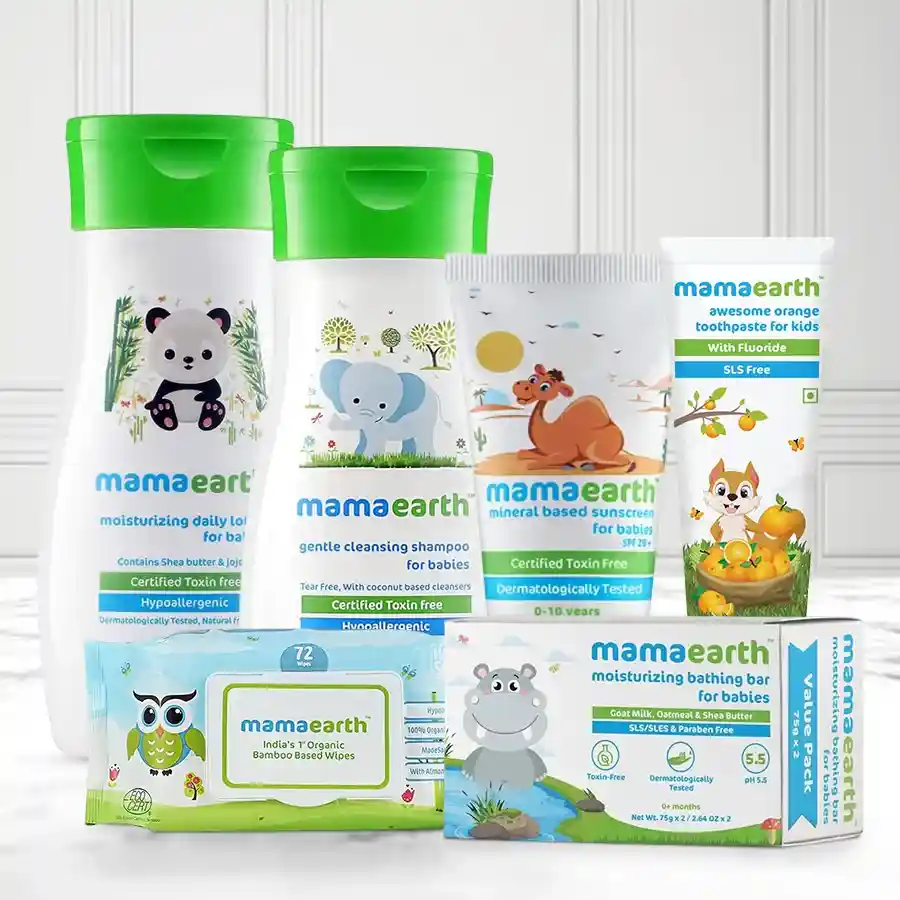 Mamaearth Baby Skin Care Hamper featuring shampoo, sunscreen, soap, lotion, and organic wipes for gentle baby care.