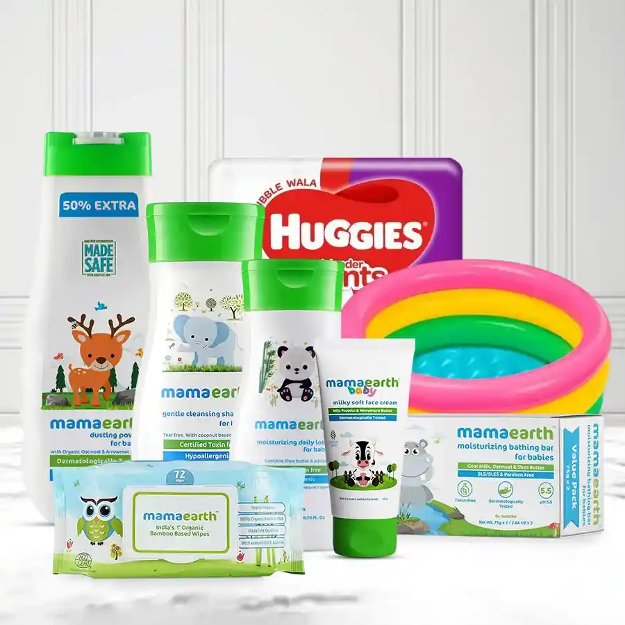 Delightful Baby Gift Hamper featuring inflatable tub, organic baby products, and more for infants aged 0-5 years.
