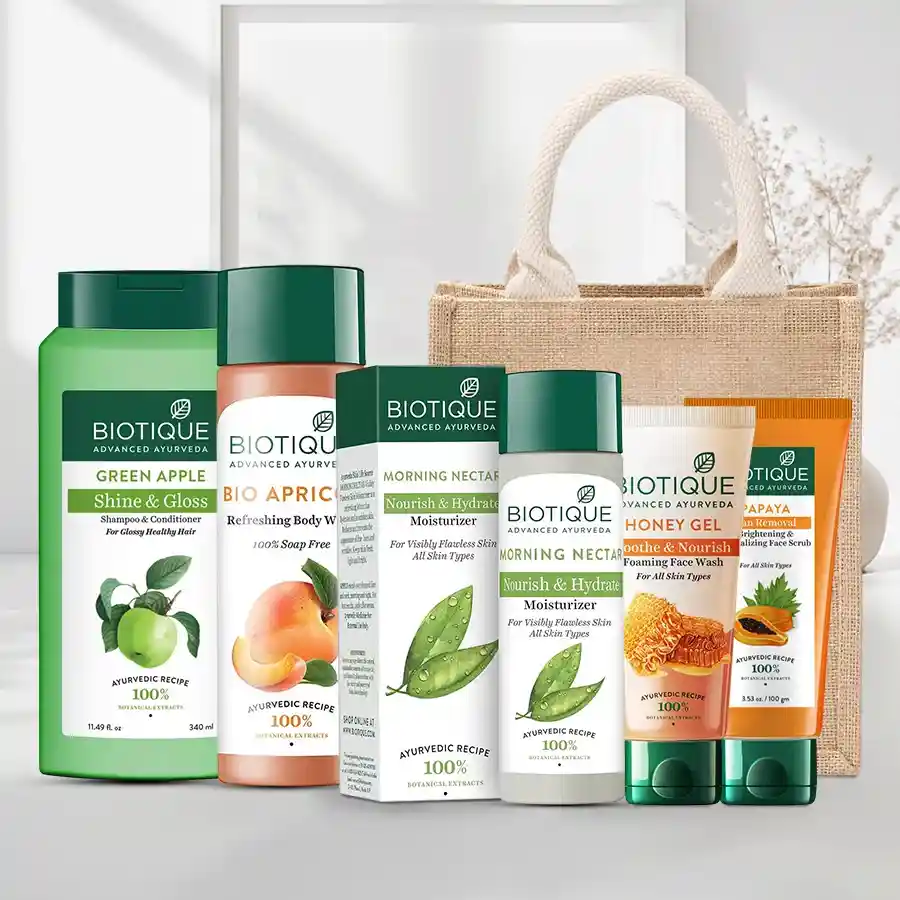 Exclusive Biotique Hair & Skin Care Gift Kit featuring natural beauty products and a stylish jute bag.