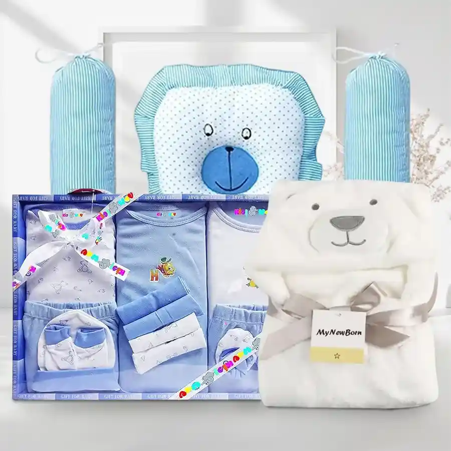 Exclusive baby dress set with blanket and pillows for newborns.