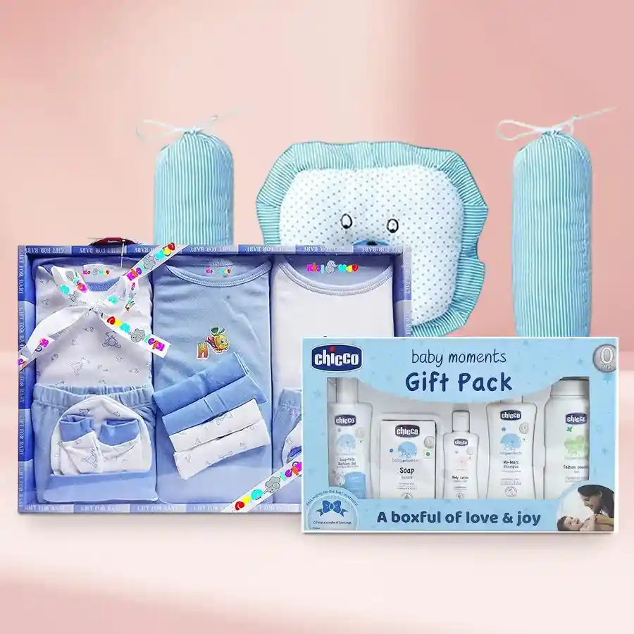 Baby Pampering Gift Set featuring a dress set, Chicco cuddle gift set, and head pillow for infants, designed for comfort and style.