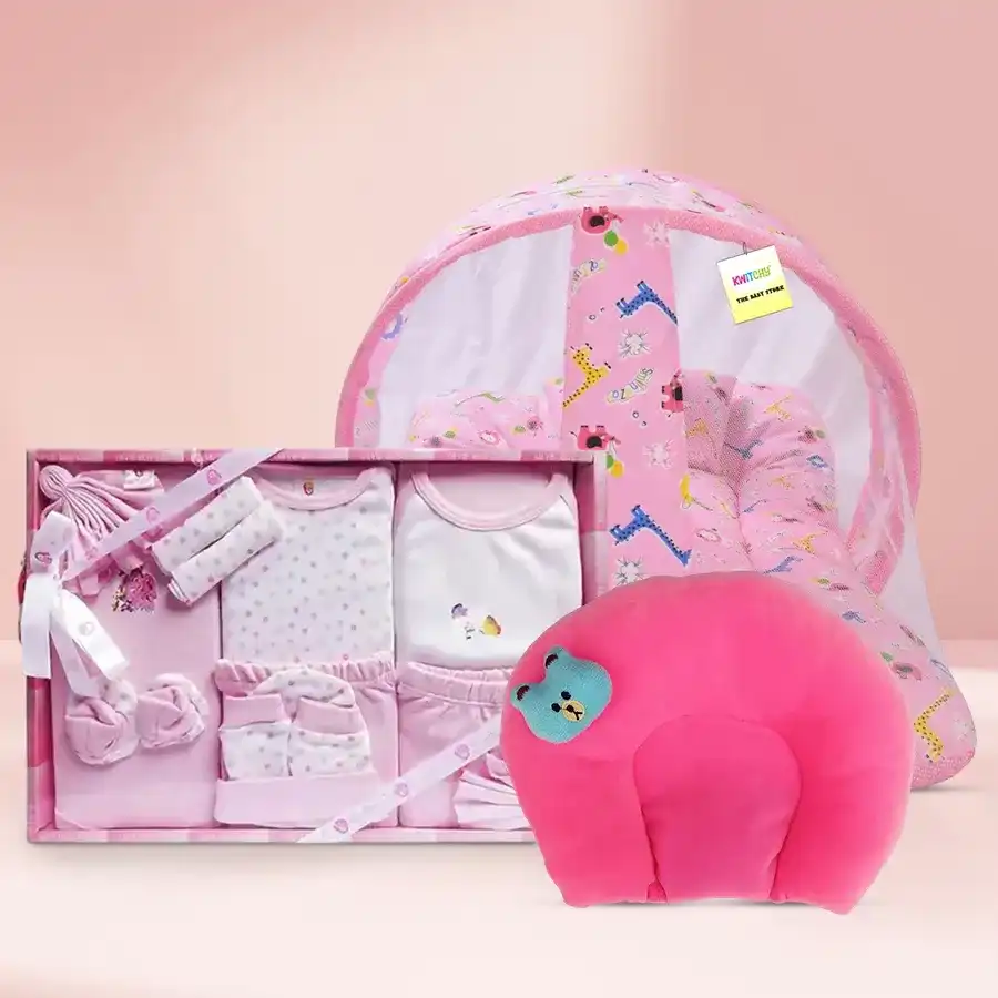 Adorable gift set for baby girls featuring a dress set, mattress with mosquito net, and soft neck pillow in pink and multicolor.
