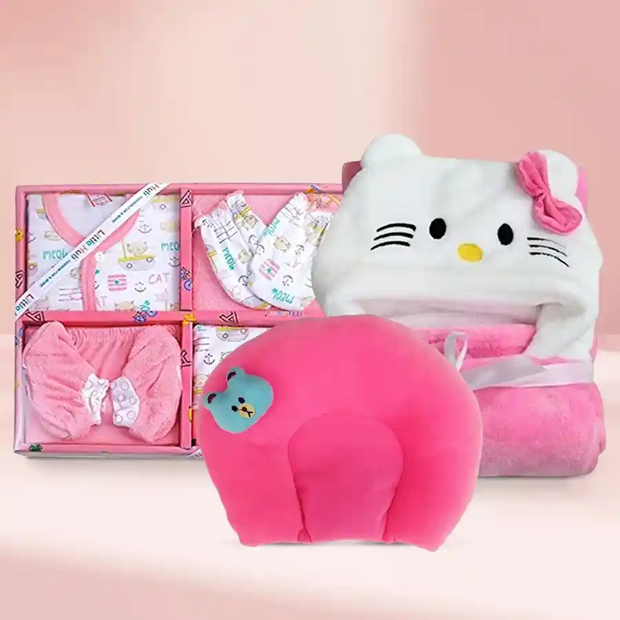 Adorable Infant Dress Set Bundle with clothing, pillow, and blanket in pink for newborn gifting.