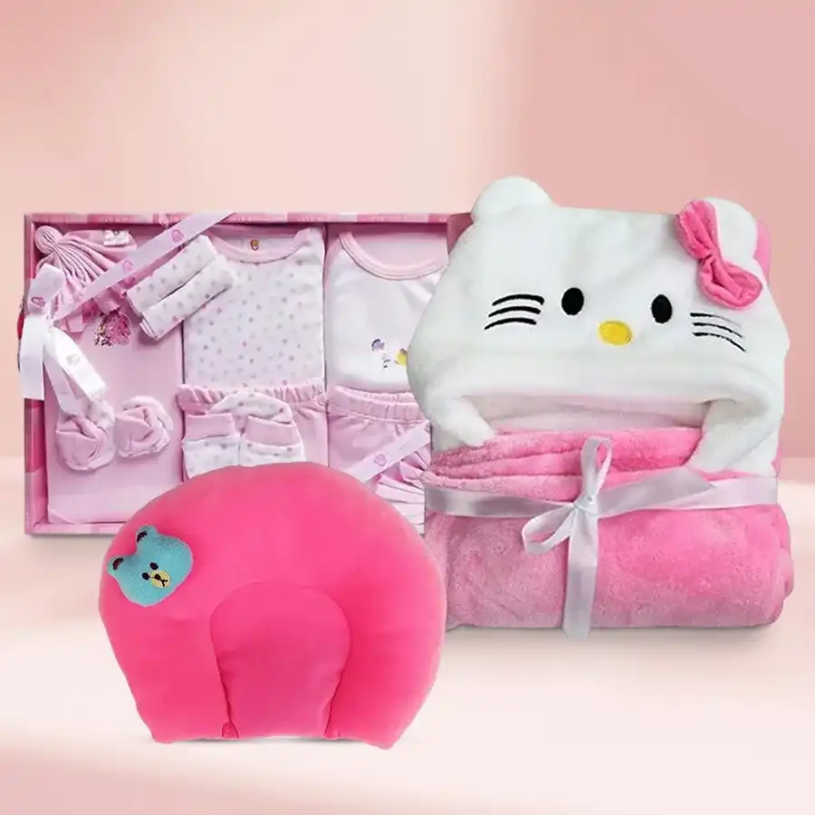 Adorable Baby Gift Set Bundle with dress set, blanket, and neck pillow in pink. Perfect for newborns ages 0-3 months.