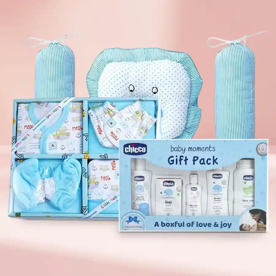Chic Baby Dress Set and Gift Combo including a 6 pc outfit, Chicco first cuddle set, and cotton baby pillows in sky blue. Perfect for gifting.