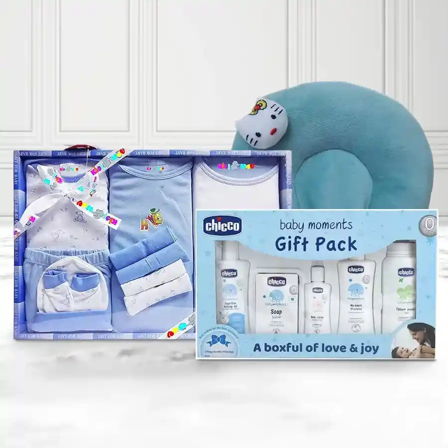 Adorable blue dress set with Chicco gift set and neck pillow for babies, ideal for newborns and designed for comfort and style.