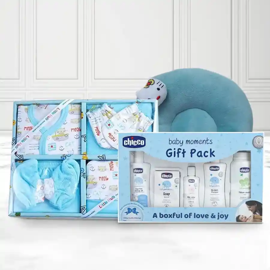 Delightful Baby Dress and Gift Set featuring a blue outfit, Chicco cuddly toy, and a soft neck-supporting pillow in sea-green velvet.