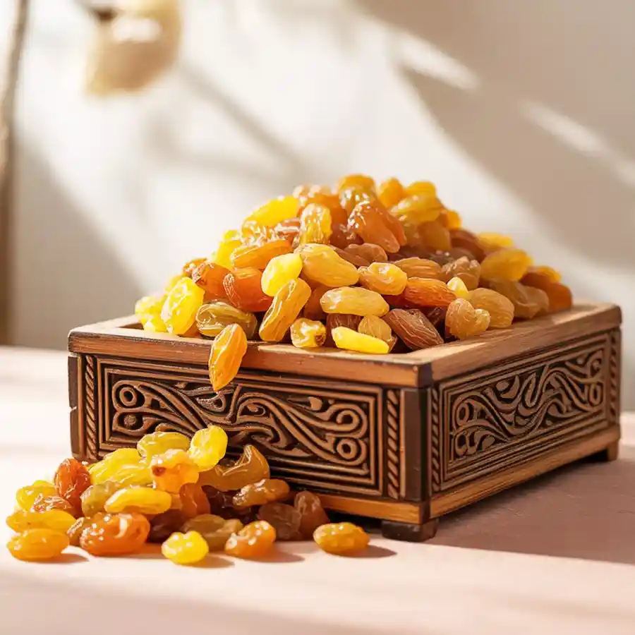 Special Raisins beautifully presented in a wooden tray, weighing 500 grams, ideal for gifting loved ones.