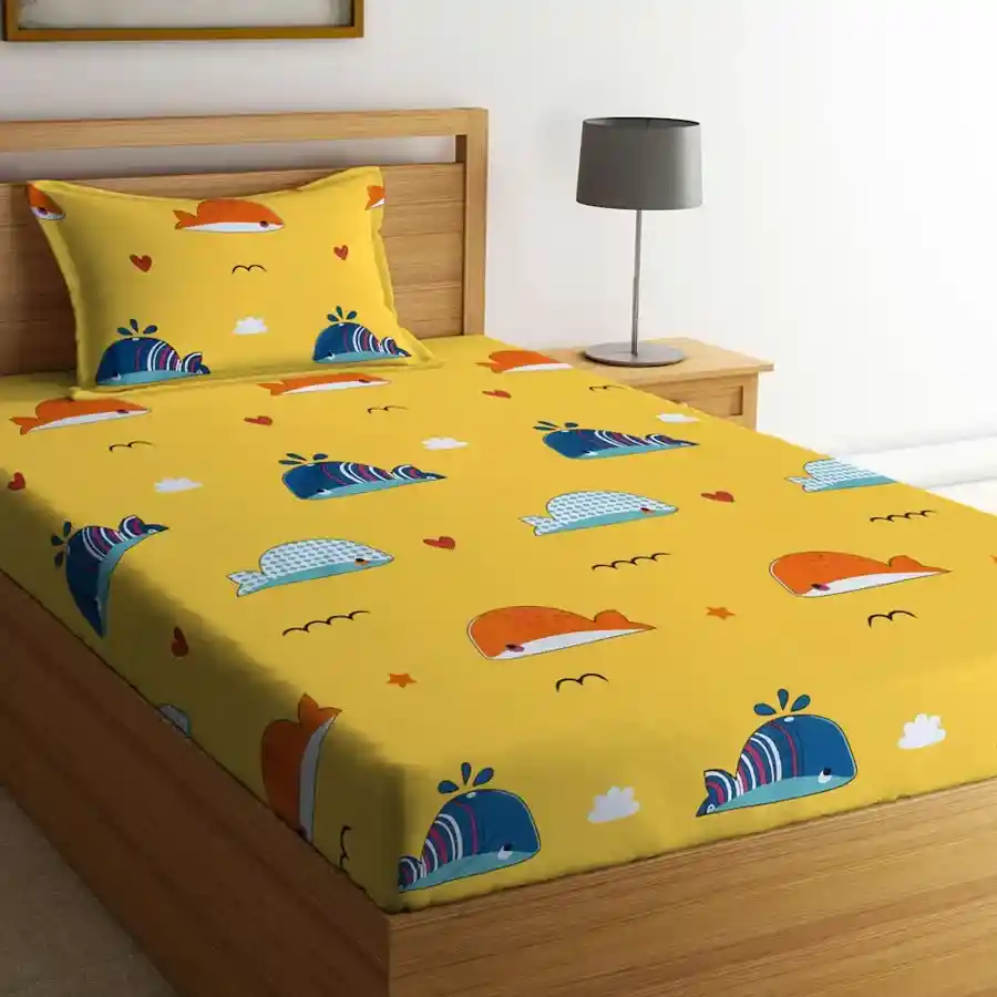 Animal Print Single Bed Sheet and Pillow Cover Combo in yellow.