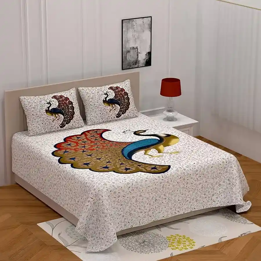 Vibrant Jaipuri Print Double Bed Sheet Set with Pillow Covers, showcasing intricate floral patterns in multicolors, perfect for stylish bedroom decor.