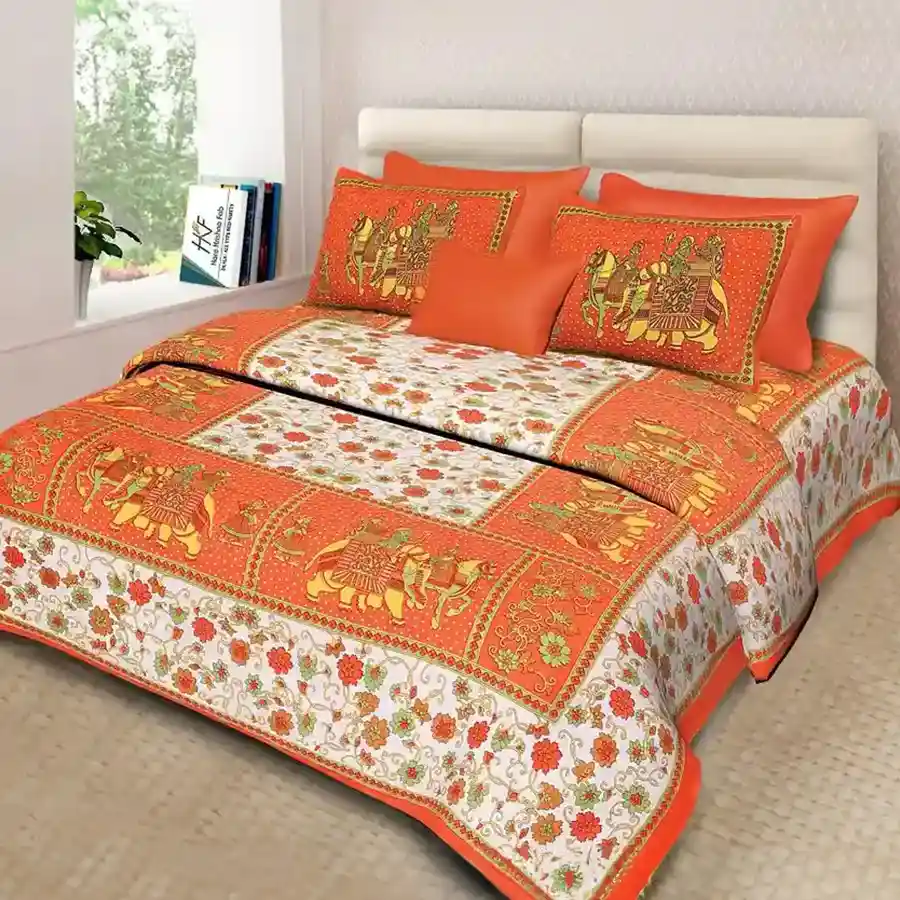 Rajasthani Print Double Bed Sheet Set featuring vibrant orange color and traditional design, ideal for adding cultural charm to your bedroom.