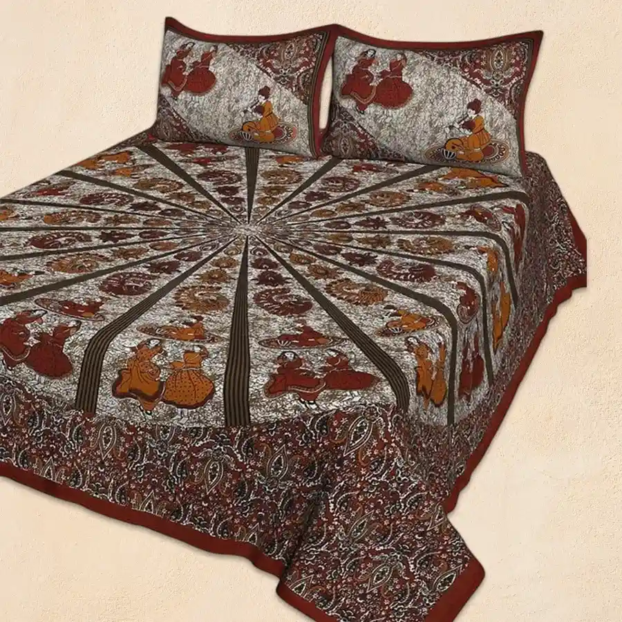 Elegant Jaipuri Print Double Bed Sheet Set with Pillow Covers in maroon color, featuring traditional Rajasthani designs.