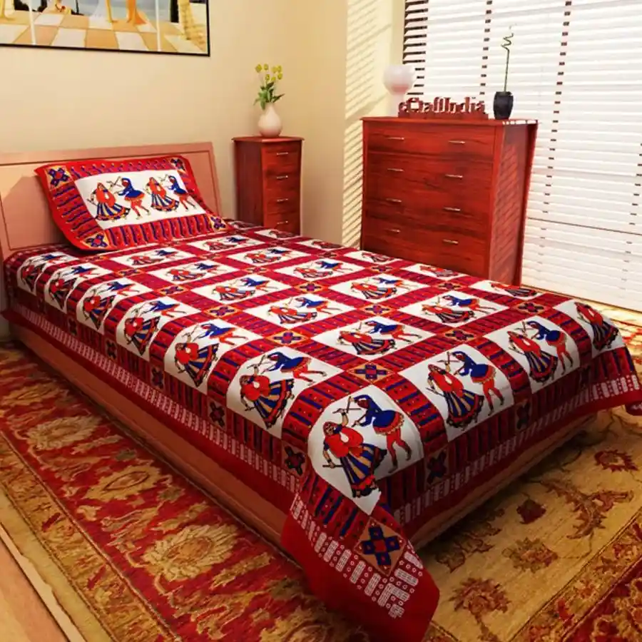 Rajasthani Print Single Bed Sheet and Pillow Cover Combo in red, showcasing vibrant patterns and soft cotton material.