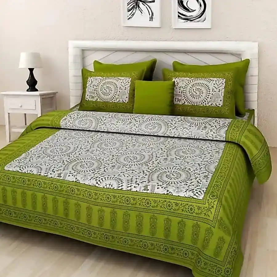 Jaipuri Floral Print Double Bed Sheet and Pillow Cover Combo in green cotton.
