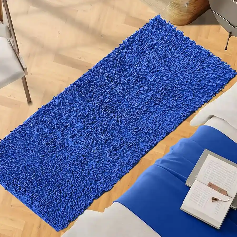 Charming Cotton Plaid Bedside Runner in blue, rectangular shape, measuring 45 x 120 cm, featuring a tufted weave for a cozy touch.