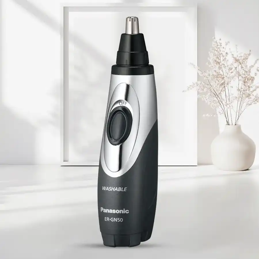 Panasonic Classic Men's Trimmer featuring ergonomic design, stainless steel blades, and rubber grip for painless grooming of nose and ear hair.
