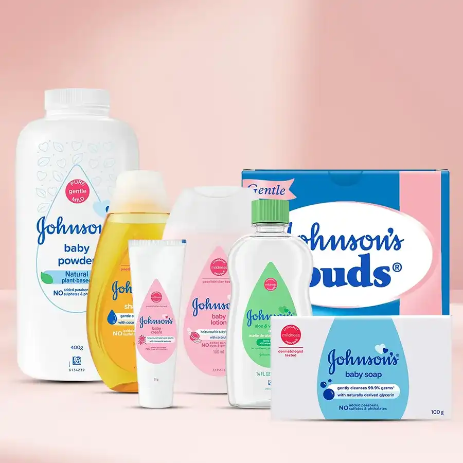 Johnson's Baby Essentials Gift Set featuring baby shampoo, lotion, powder, and more for gentle care of newborns.