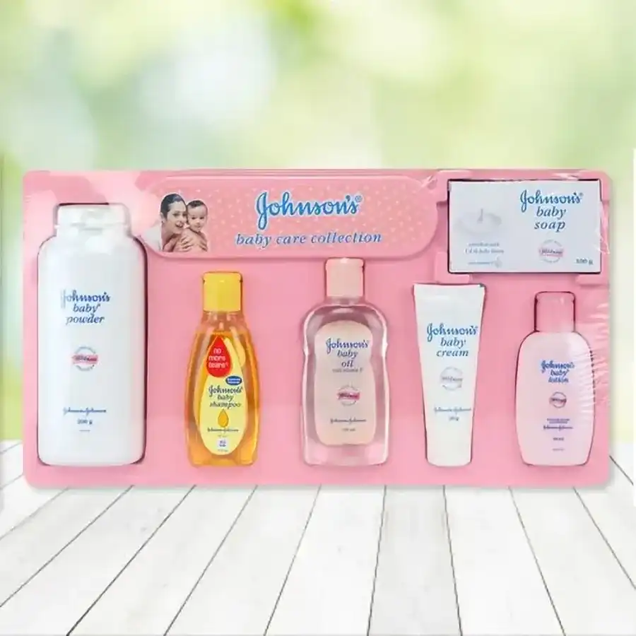 Wonderful Johnson's Baby Care Collection featuring essential skincare products for babies, including oil, lotion, shampoo, cream, and soap.