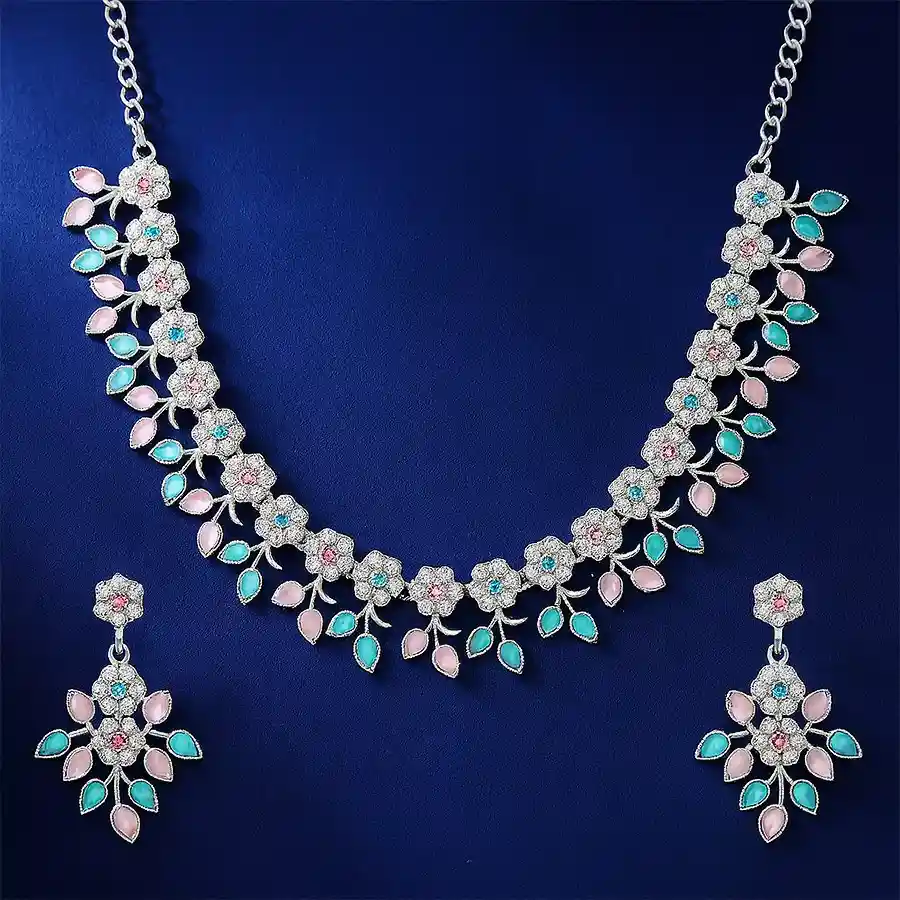 Elegant Silver Plated AD Necklace and Matching Earrings set, featuring glistening crystals.