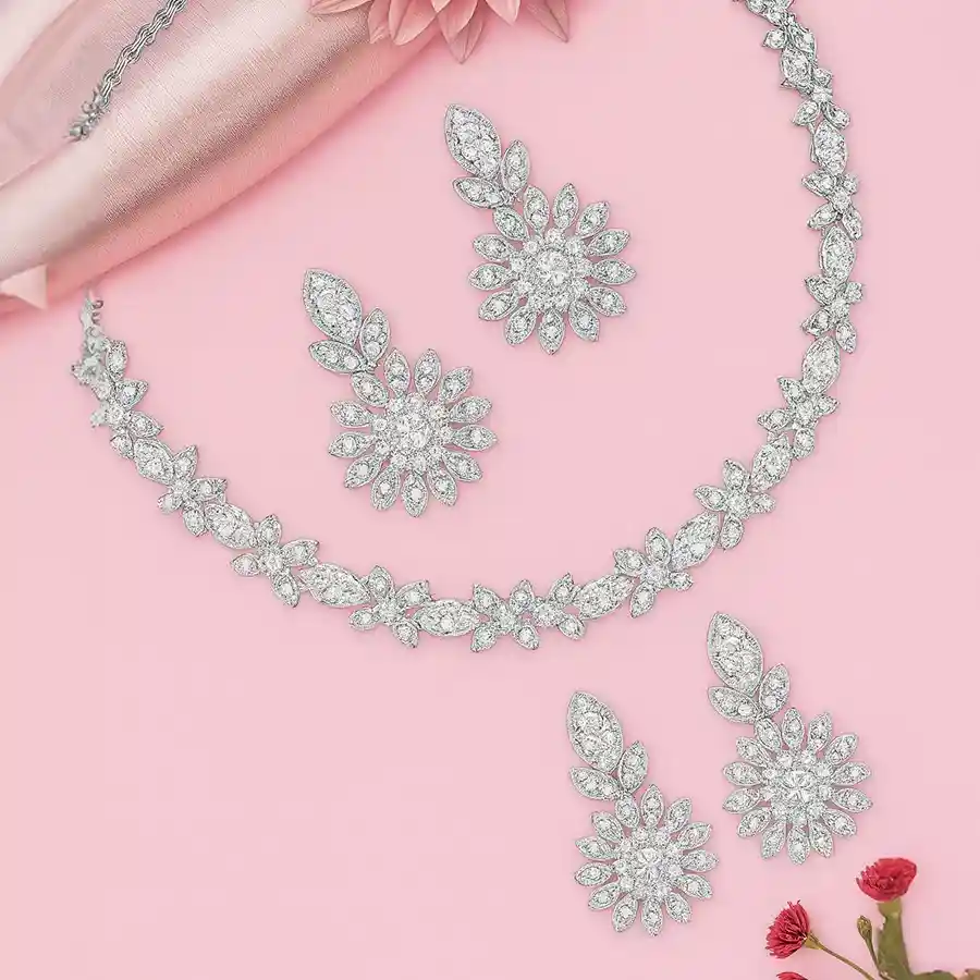 Elegant Diamond Necklace Set with matching earrings, showcasing luxurious white stones. Perfect gift for special occasions or treasured moments.