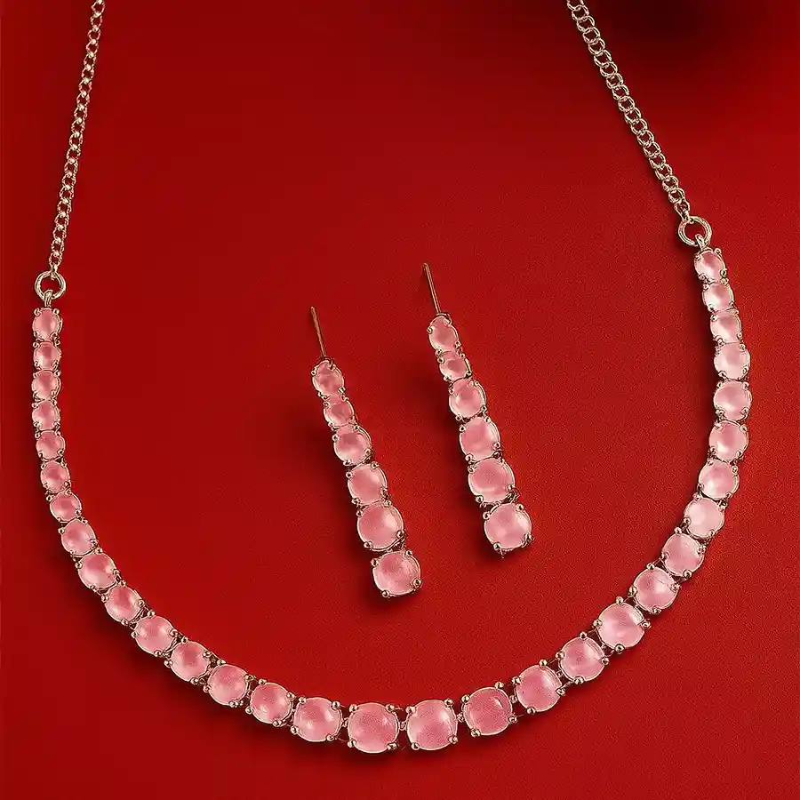 Elegant handcrafted rose gold necklace set with American diamonds, including a circle necklace and matching earrings.