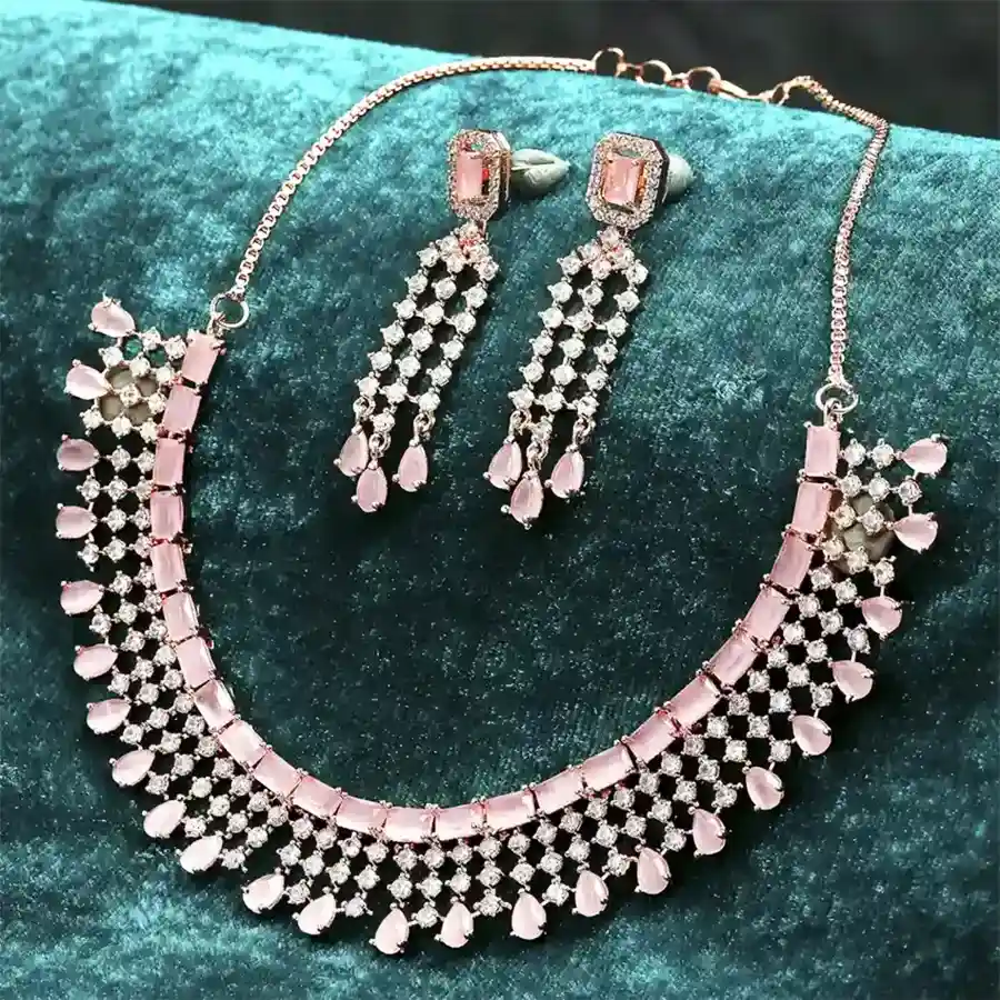 Elegant Floral Design Choker Necklace and Earrings Set with American Diamonds.