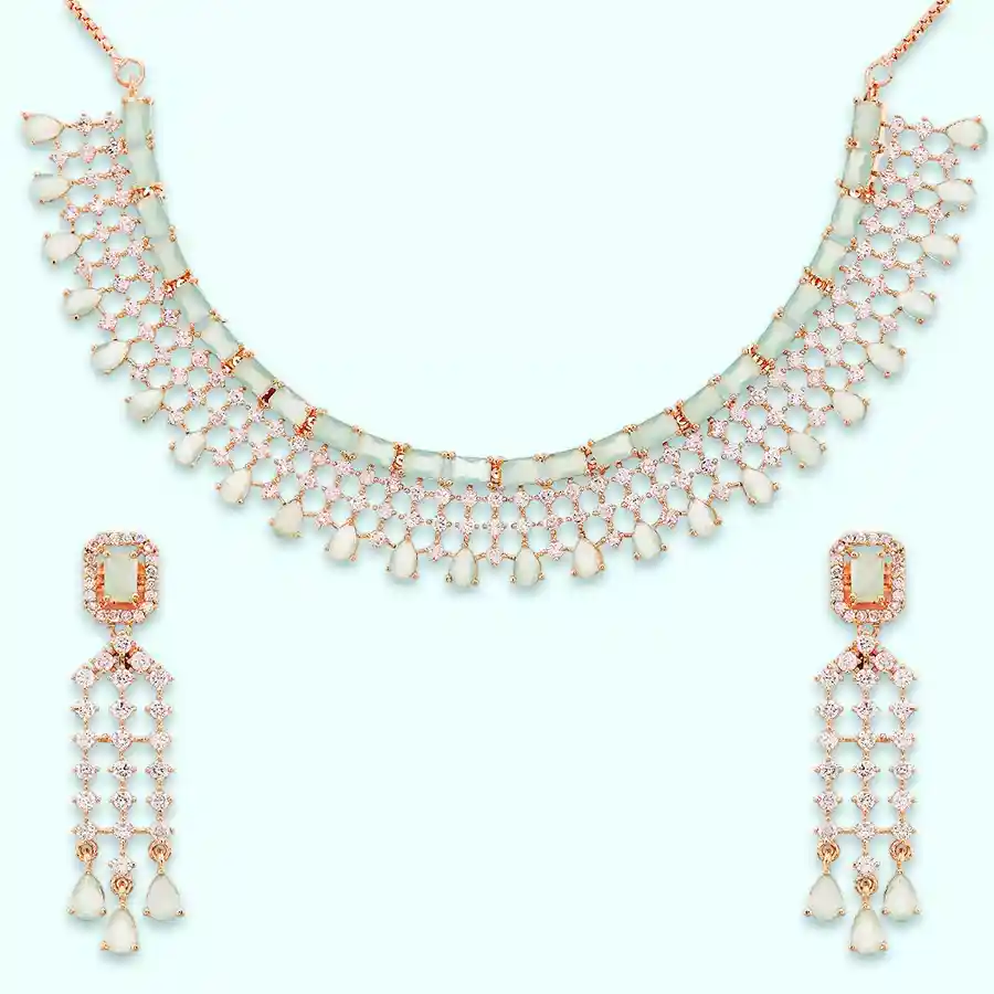 Elegant floral choker necklace and matching earrings set featuring American Diamonds.