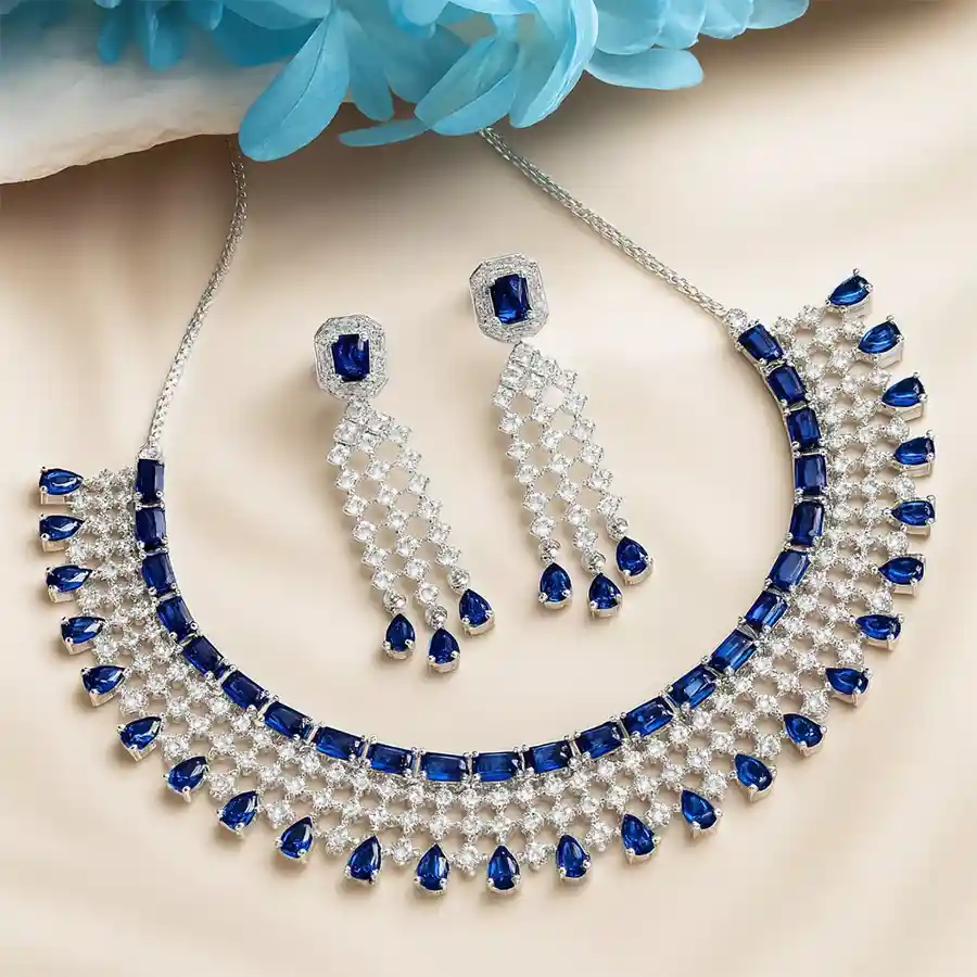 Elegant Floral Choker Necklace and Matching Earrings Set with American Diamonds.