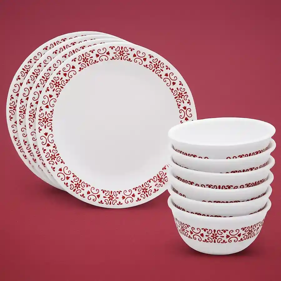 Corelle Red Thrills Glass Dinner Set featuring 12 colorful pieces, including dinner plates and katori, perfect for elegant dining experiences.