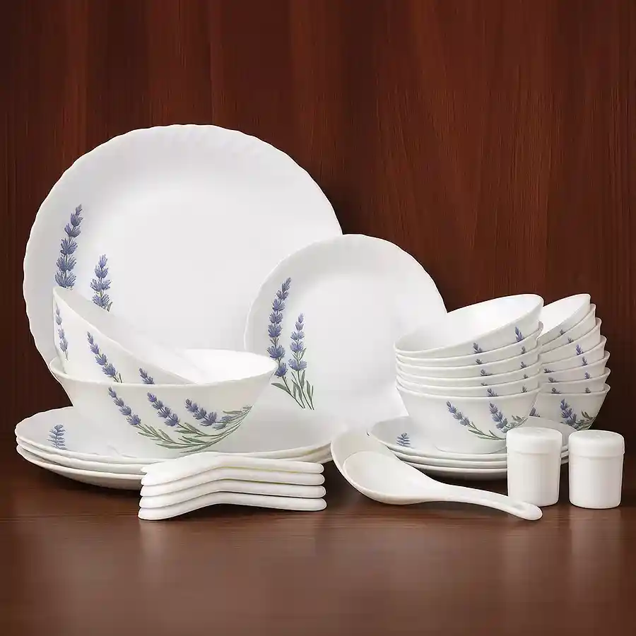 Fancy LaOpala English Lavender Novo Collection Dinner Set in white and blue opalware, featuring 35 break and scratch resistant pieces.