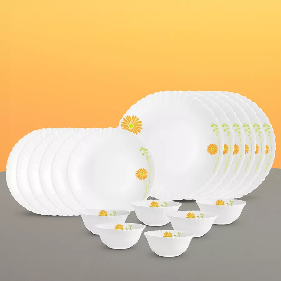 Elegant White and Lilac Dinner Set by Cello, 18 pieces of opalware, microwave safe, thermal resistant, featuring full plates, quarter plates, and veg bowls.