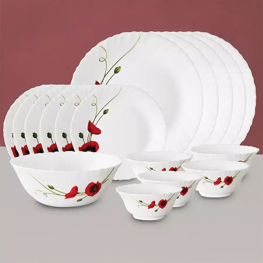 Elegant Red Carnations Dinner Set by Larah, featuring 19 durable opalware pieces, including full plates, quarter plates, and serving bowls.