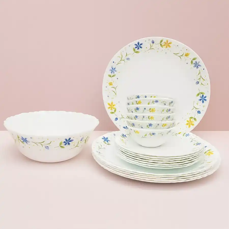 Enchanting Twilight Bouquet Dinner Set by LaOpala, featuring 19 multicolor opalware pieces, break resistant, microwave, and dishwasher safe.