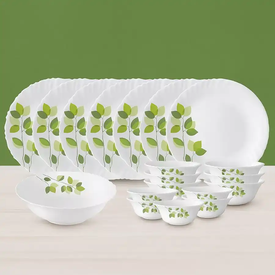 Elegant Green Leaves Dinner Set by Larah featuring 19 opalware pieces, ideal for stylish dining and special occasions.