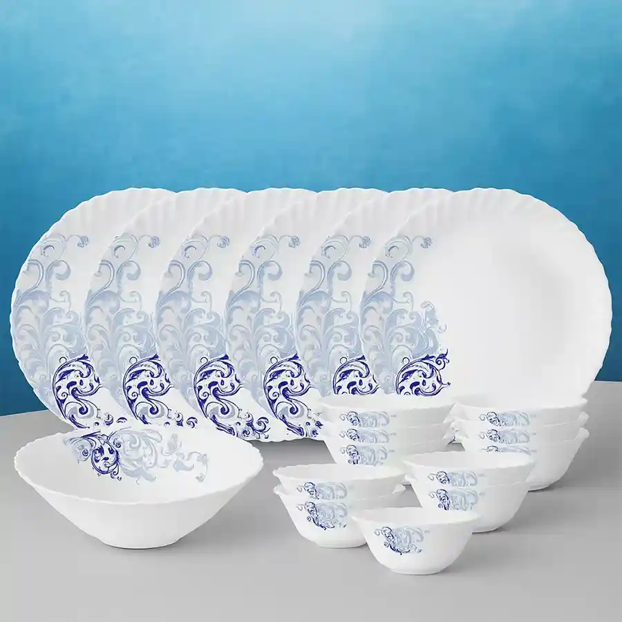 Elegant Blue Eve Silk Series Dinner Set by Borosil, featuring durable opalware with 19 pieces for a delightful dining experience.