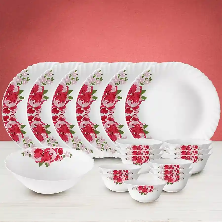 Elegant Rose Red Dinner Set by Larah featuring opalware plates and bowls, perfect for special occasions.