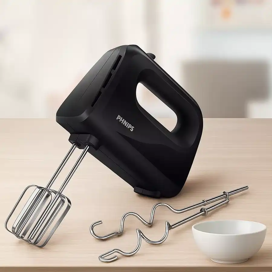 Elegant Philips Hand Mixer in black with 300W power and five speed settings, perfect for home baking and cooking.