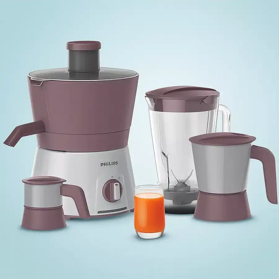 Pink Philips Avenger Juicer Mixer Grinder with three jars, 600W, and 18-month warranty. Ideal for smoothies and meal prep.