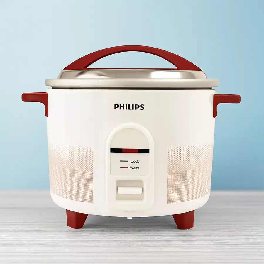Stylish Philips Electric Rice Cooker in White and Red with accessories.