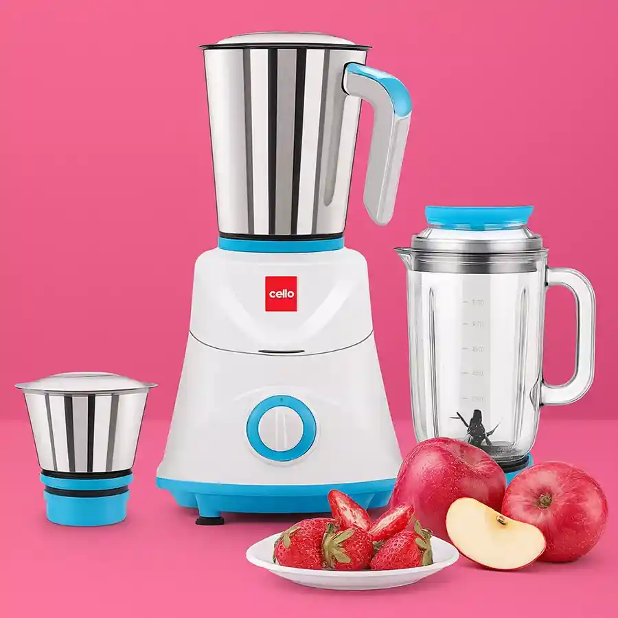 Blue Cello 3 Jars Juicer Mixer Grinder with plastic and steel components, designed for efficient juicing, mixing, and grinding.